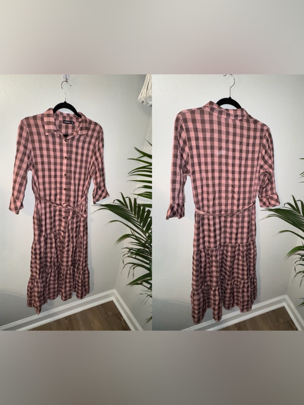 Pink Plaid Midi Shirt Dress with Tie Waist